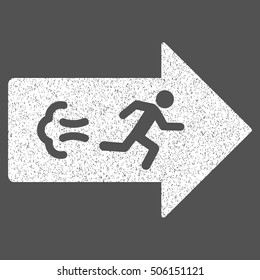 Exit Direction grainy textured icon for overlay watermark stamps. Flat symbol with dust texture. Dotted vector white ink rubber seal stamp with grunge design on a gray background.