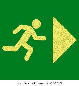 Exit Direction grainy textured icon for overlay watermark stamps. Flat symbol with scratched texture. Dotted vector yellow ink rubber seal stamp with grunge design on a green background.