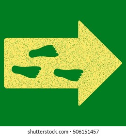 Exit Direction grainy textured icon for overlay watermark stamps. Flat symbol with dirty texture. Dotted vector yellow ink rubber seal stamp with grunge design on a green background.