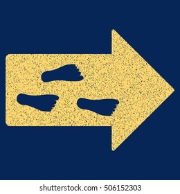 Exit Direction grainy textured icon for overlay watermark stamps. Flat symbol with dirty texture. Dotted vector yellow ink rubber seal stamp with grunge design on a blue background.