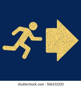 Exit Direction grainy textured icon for overlay watermark stamps. Flat symbol with dust texture. Dotted vector yellow ink rubber seal stamp with grunge design on a blue background.