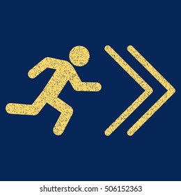 Exit Direction grainy textured icon for overlay watermark stamps. Flat symbol with scratched texture. Dotted vector yellow ink rubber seal stamp with grunge design on a blue background.