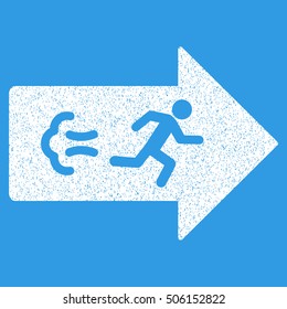 Exit Direction grainy textured icon for overlay watermark stamps. Flat symbol with scratched texture. Dotted vector white ink rubber seal stamp with grunge design on a blue background.