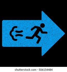Exit Direction grainy textured icon for overlay watermark stamps. Flat symbol with dust texture. Dotted vector blue ink rubber seal stamp with grunge design on a black background.