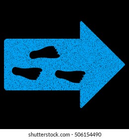 Exit Direction grainy textured icon for overlay watermark stamps. Flat symbol with scratched texture. Dotted vector blue ink rubber seal stamp with grunge design on a black background.