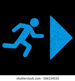 Exit Direction grainy textured icon for overlay watermark stamps. Flat symbol with scratched texture. Dotted vector blue ink rubber seal stamp with grunge design on a black background.