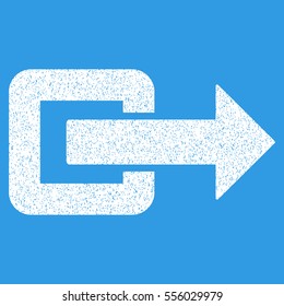 Exit Direction grainy textured icon for overlay watermark stamps. Flat symbol with dust texture. Dotted vector white ink rubber seal stamp with grunge design on a blue background.