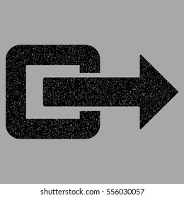Exit Direction grainy textured icon for overlay watermark stamps. Flat symbol with dust texture. Dotted vector dark gray and white ink rubber seal stamp with grunge design on a silver background.