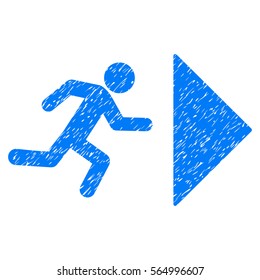Exit Direction grainy textured icon for overlay watermark stamps. Flat symbol with scratched texture. Dotted vector blue ink rubber seal stamp with grunge design on a white background.