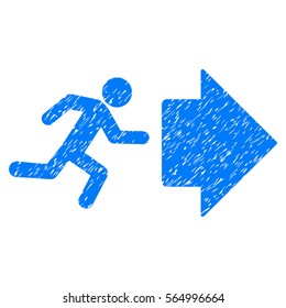 Exit Direction grainy textured icon for overlay watermark stamps. Flat symbol with unclean texture. Dotted vector blue ink rubber seal stamp with grunge design on a white background.