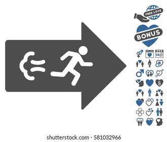 Exit Direction icon with bonus amour symbols. Vector illustration style is flat iconic cobalt and gray symbols on white background.