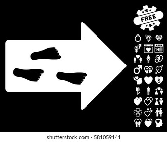 Exit Direction icon with bonus dating design elements. Vector illustration style is flat iconic white symbols on black background.