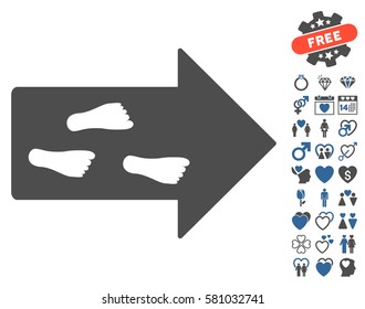 Exit Direction icon with bonus decoration pictures. Vector illustration style is flat iconic cobalt and gray symbols on white background.