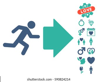 Exit Direction icon with bonus decoration images. Vector illustration style is flat iconic cobalt and cyan symbols on white background.