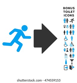 Exit Direction icon and bonus gentleman and lady toilet symbols. Vector illustration style is flat iconic bicolor symbols, blue and gray colors, white background.