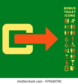 Exit Direction icon and bonus gentleman and woman restroom symbols. Vector illustration style is flat iconic bicolor symbols, orange and yellow colors, green background.