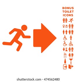 Exit Direction icon and bonus gentleman and female WC symbols. Vector illustration style is flat iconic symbols, orange color, white background.