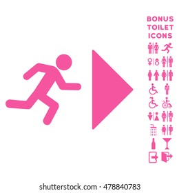 Exit Direction icon and bonus gentleman and lady lavatory symbols. Vector illustration style is flat iconic symbols, pink color, white background.