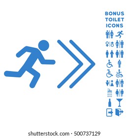 Exit Direction icon and bonus gentleman and lady restroom symbols. Vector illustration style is flat iconic symbols, cobalt color, white background.