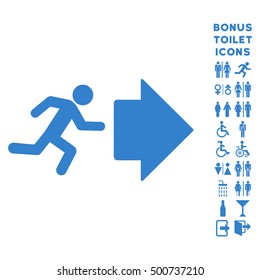 Exit Direction icon and bonus gentleman and female WC symbols. Vector illustration style is flat iconic symbols, cobalt color, white background.