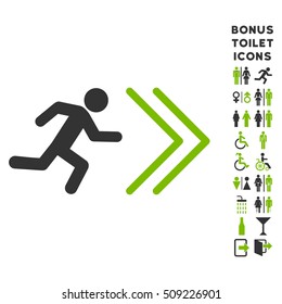 Exit Direction icon and bonus gentleman and woman toilet symbols. Vector illustration style is flat iconic bicolor symbols, eco green and gray colors, white background.