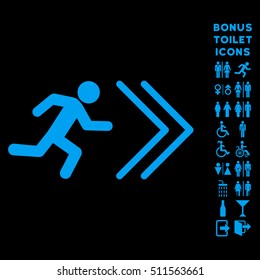 Exit Direction icon and bonus gentleman and female toilet symbols. Vector illustration style is flat iconic symbols, blue color, black background.
