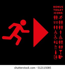 Exit Direction icon and bonus gentleman and lady toilet symbols. Vector illustration style is flat iconic symbols, red color, black background.