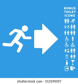 Exit Direction icon and bonus gentleman and woman WC symbols. Vector illustration style is flat iconic symbols, white color, blue background.