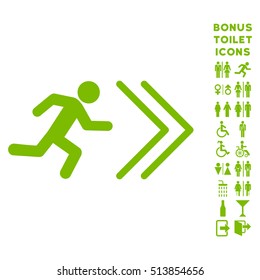 Exit Direction icon and bonus gentleman and woman WC symbols. Vector illustration style is flat iconic symbols, eco green color, white background.