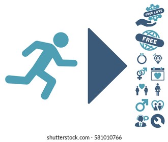 Exit Direction icon with bonus love graphic icons. Vector illustration style is flat iconic cyan and blue symbols on white background.