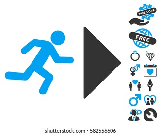 Exit Direction icon with bonus lovely graphic icons. Vector illustration style is flat iconic blue and gray symbols on white background.
