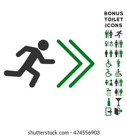 Exit Direction icon and bonus male and lady WC symbols. Vector illustration style is flat iconic bicolor symbols, green and gray colors, white background.