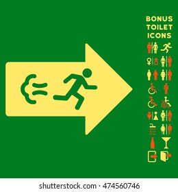 Exit Direction icon and bonus male and lady WC symbols. Vector illustration style is flat iconic bicolor symbols, orange and yellow colors, green background.