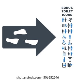 Exit Direction icon and bonus male and woman WC symbols. Vector illustration style is flat iconic bicolor symbols, smooth blue colors, white background.