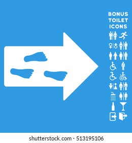 Exit Direction icon and bonus male and female toilet symbols. Vector illustration style is flat iconic symbols, white color, blue background.