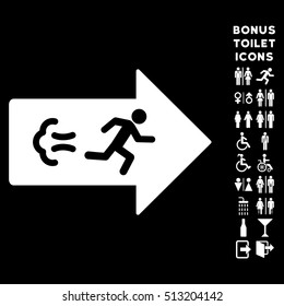 Exit Direction icon and bonus male and lady restroom symbols. Vector illustration style is flat iconic symbols, white color, black background.