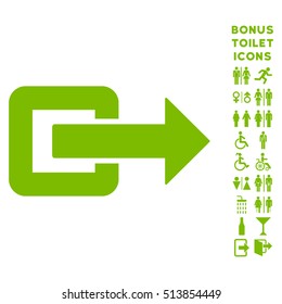 Exit Direction icon and bonus male and lady restroom symbols. Vector illustration style is flat iconic symbols, eco green color, white background.