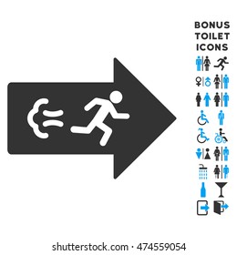 Exit Direction icon and bonus man and woman WC symbols. Vector illustration style is flat iconic bicolor symbols, blue and gray colors, white background.