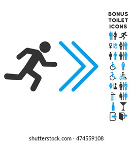 Exit Direction icon and bonus man and female restroom symbols. Vector illustration style is flat iconic bicolor symbols, blue and gray colors, white background.