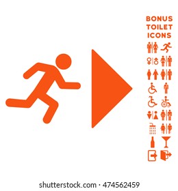 Exit Direction icon and bonus man and female WC symbols. Vector illustration style is flat iconic symbols, orange color, white background.