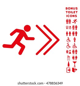 Exit Direction icon and bonus man and woman lavatory symbols. Vector illustration style is flat iconic symbols, red color, white background.