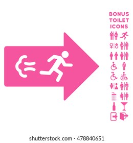 Exit Direction icon and bonus man and woman toilet symbols. Vector illustration style is flat iconic symbols, pink color, white background.