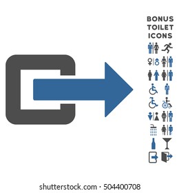 Exit Direction icon and bonus man and lady toilet symbols. Vector illustration style is flat iconic bicolor symbols, cobalt and gray colors, white background.
