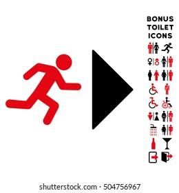 Exit Direction icon and bonus man and female lavatory symbols. Vector illustration style is flat iconic bicolor symbols, intensive red and black colors, white background.