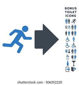 Exit Direction icon and bonus man and woman lavatory symbols. Vector illustration style is flat iconic bicolor symbols, smooth blue colors, white background.