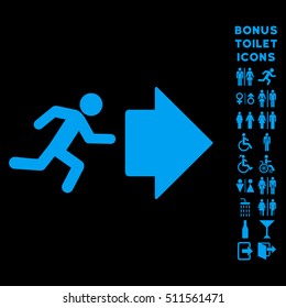Exit Direction icon and bonus man and woman WC symbols. Vector illustration style is flat iconic symbols, blue color, black background.