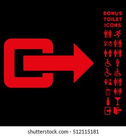 Exit Direction icon and bonus man and female WC symbols. Vector illustration style is flat iconic symbols, red color, black background.