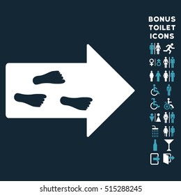 Exit Direction icon and bonus man and woman lavatory symbols. Vector illustration style is flat iconic bicolor symbols, blue and white colors, dark blue background.