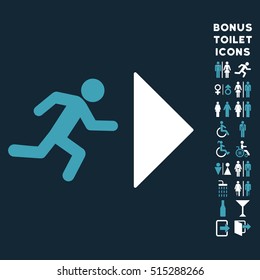 Exit Direction icon and bonus man and lady toilet symbols. Vector illustration style is flat iconic bicolor symbols, blue and white colors, dark blue background.