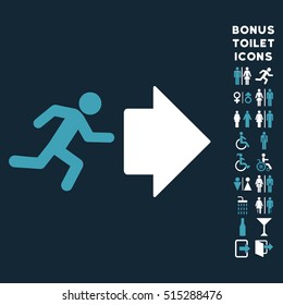 Exit Direction icon and bonus man and woman toilet symbols. Vector illustration style is flat iconic bicolor symbols, blue and white colors, dark blue background.